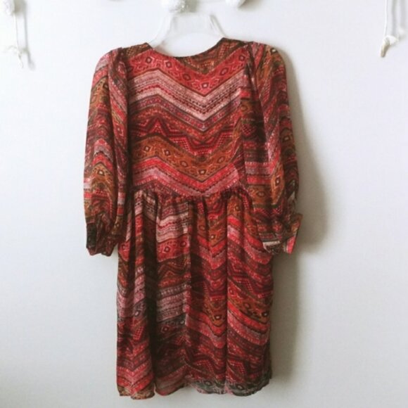 Umgee Red Boho Print V Neck Mini Dress Size Small - Picture 5 of 6